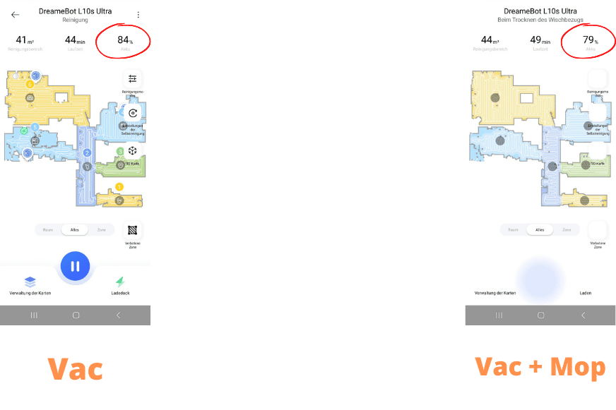The remaining battery capacity of the Dreame L10s Ultra can be seen in an app screenshot after cleaning an 80 m² flat.